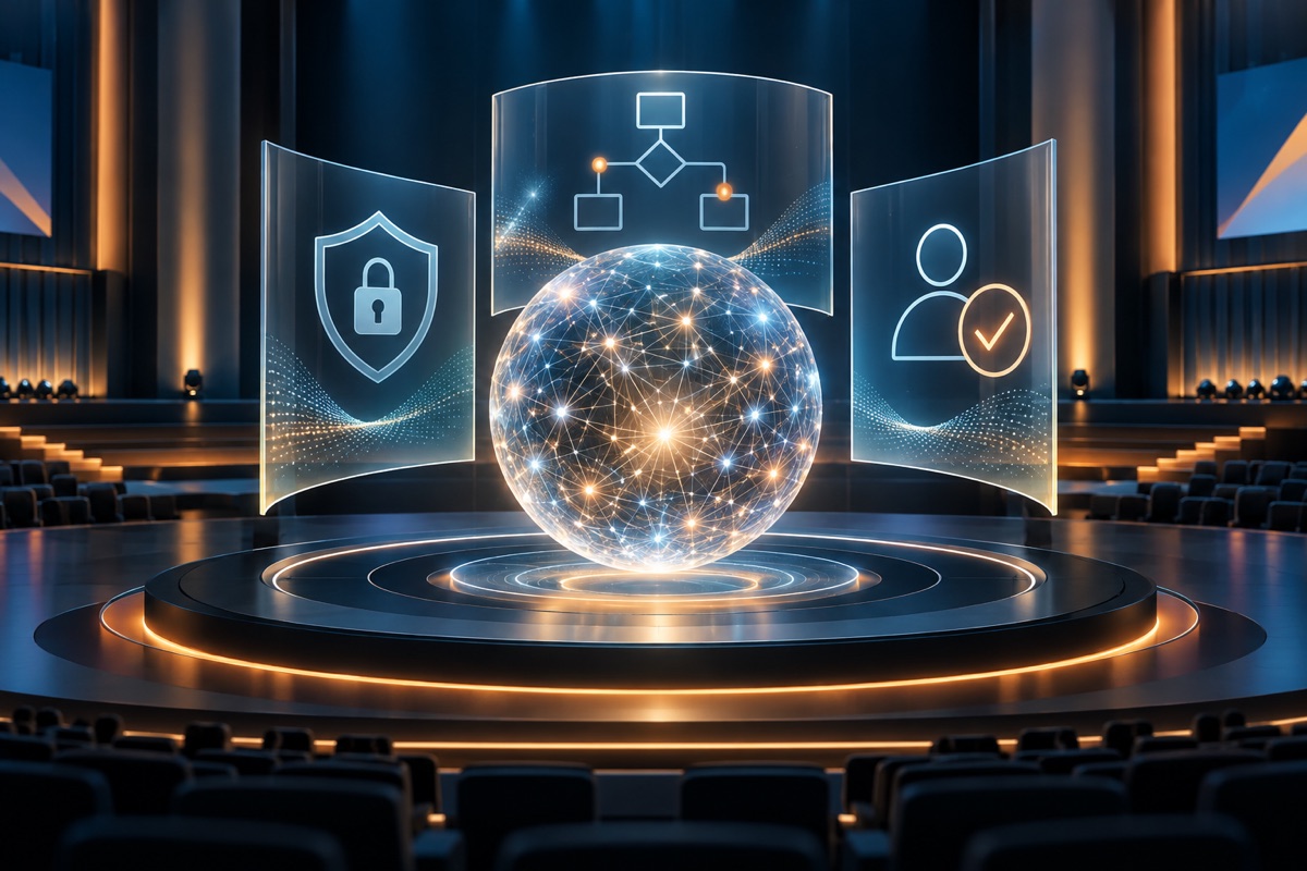 Ilustración conceptual de inteligencia artificial rodeada de controles de seguridad, procesos y aprobación humana